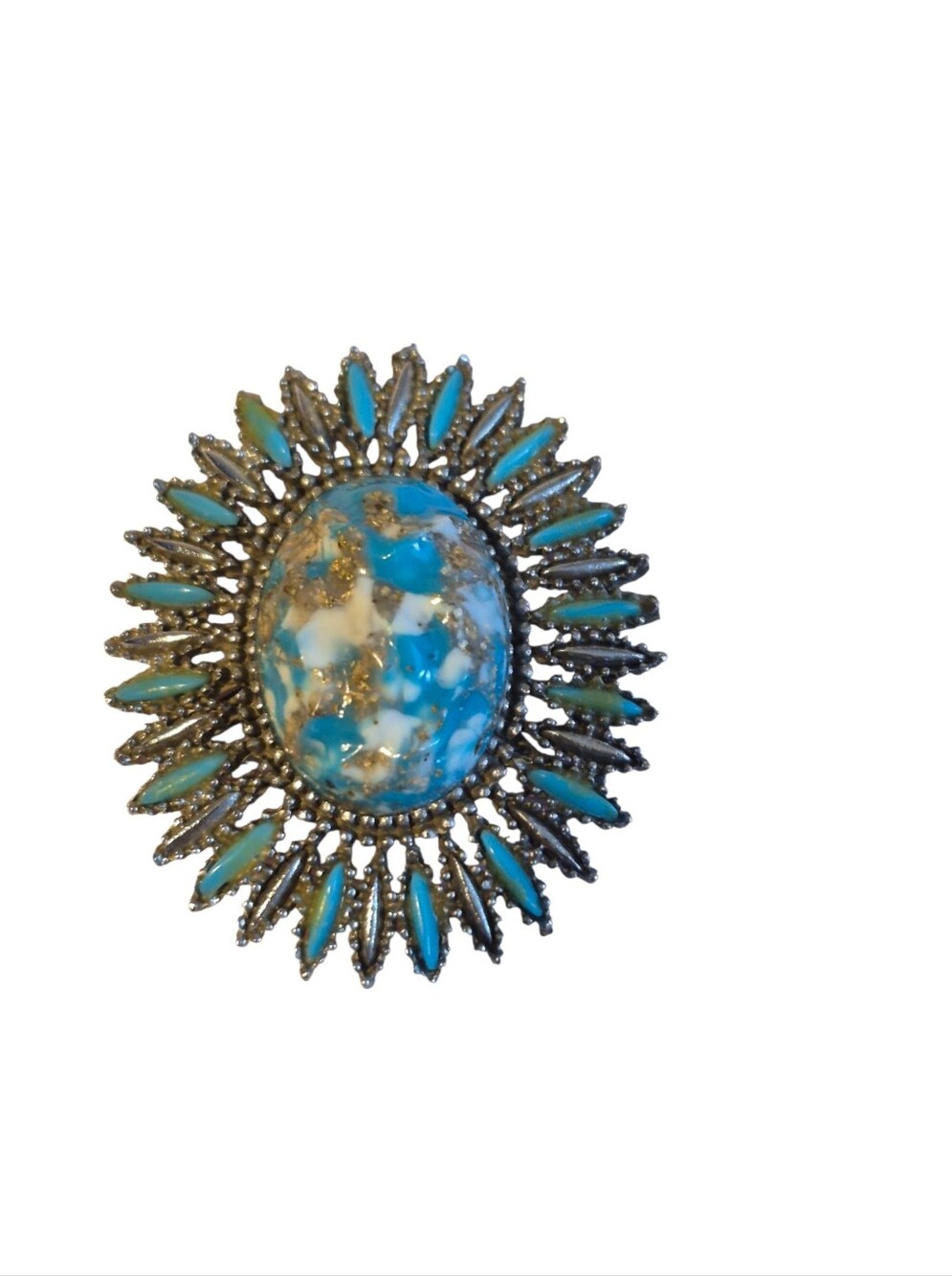 Vintage Turquoise Marbled Sunburst Brooch - Classic Statement Brooch